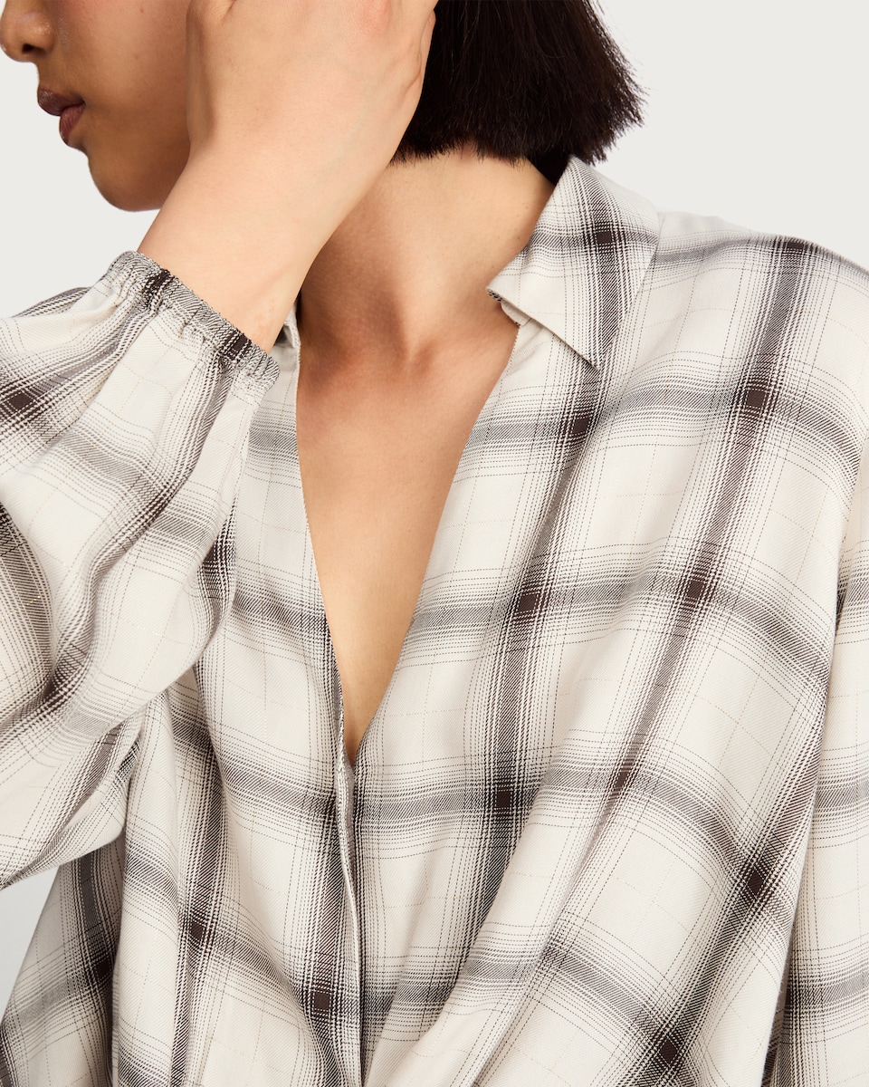 image 1 of F&F Twist Front Check Print Long Sleeved Shirt with Lurex in Cream