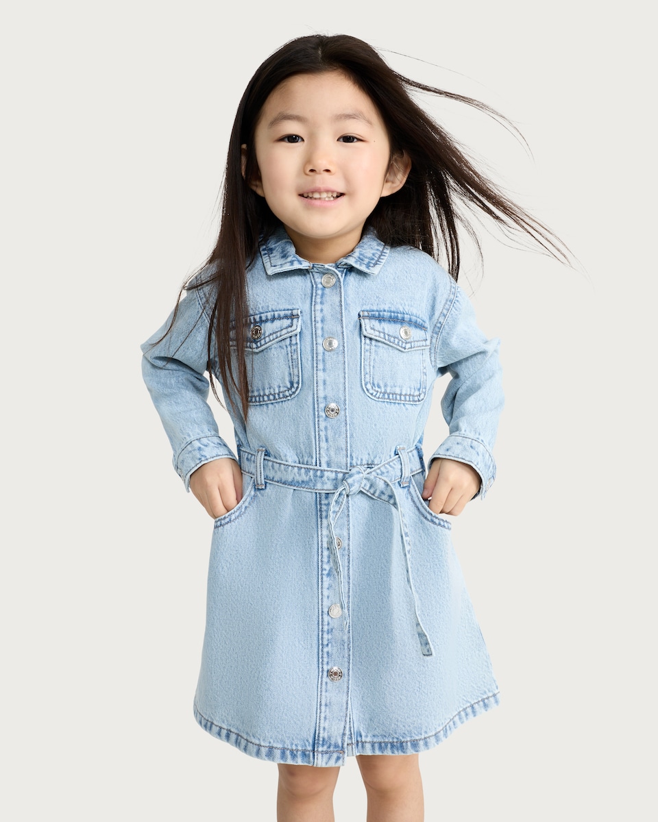 image 1 of F&F Girls Pure Cotton Belted Denim Shirt Dress in Blue