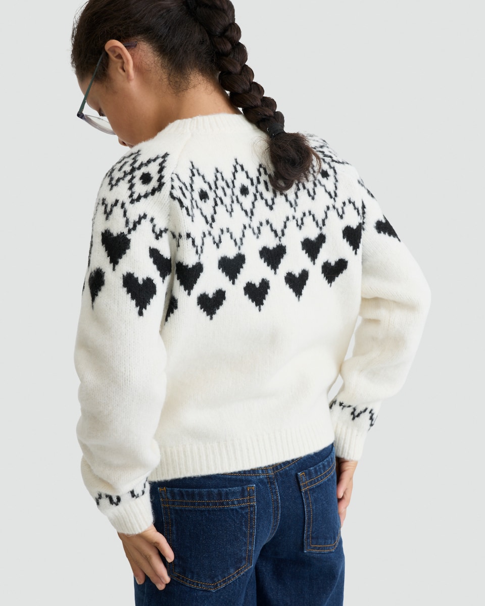 image 1 of F&F Girls Heart Fair Isle Print Jumper in Multi Black White