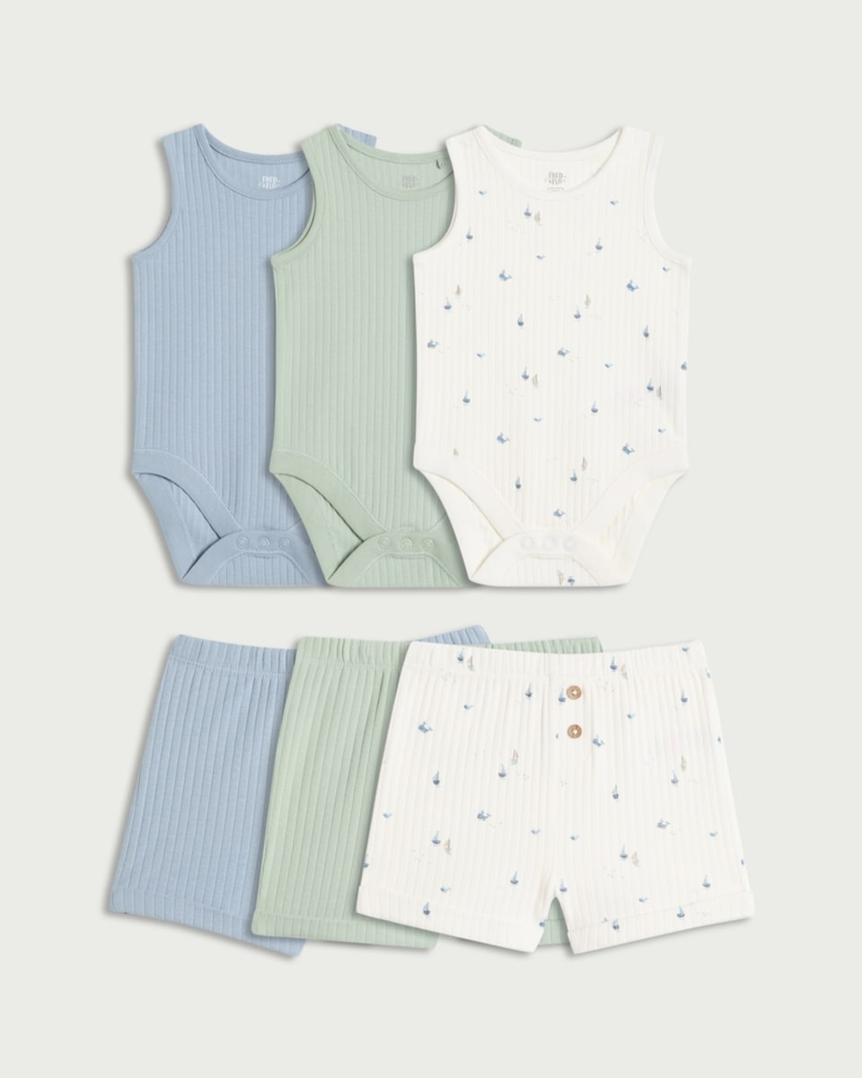 image 1 of F&F Baby 3-Pack Cotton Rich Ribbed Bodysuits and Shorts Sets in Multi