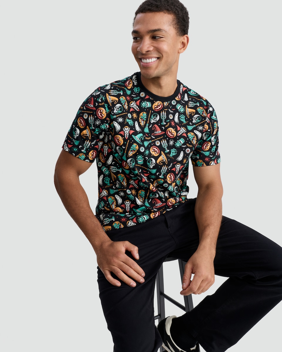 image 1 of F&F Pure Cotton Halloween Print Short Sleeved T-Shirt in Black