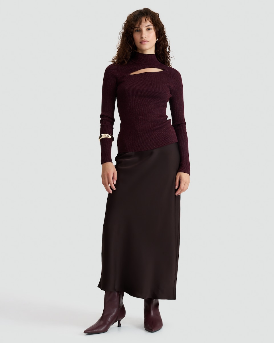 image 1 of F&F Satin Midi Slip Skirt in Chocolate