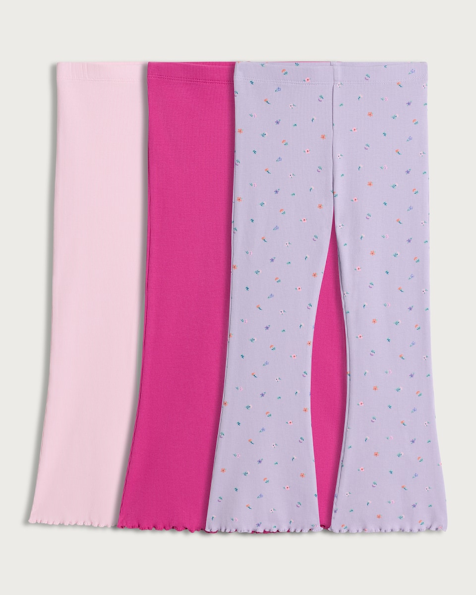 image 1 of F&F Girls 3-Pack Cotton Rich Ribbed Floral Print Flared Leggings in Lilac