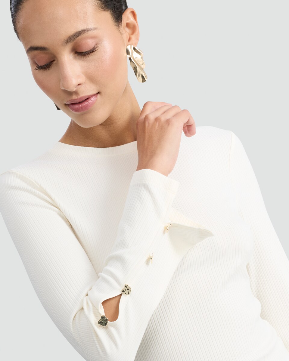 image 1 of F&F Ribbed Long Sleeved Button Accent Top in Cream
