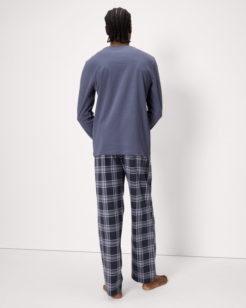image 1 of F&F Pure Cotton Top and Check Bottoms Pyjama Set in Blue