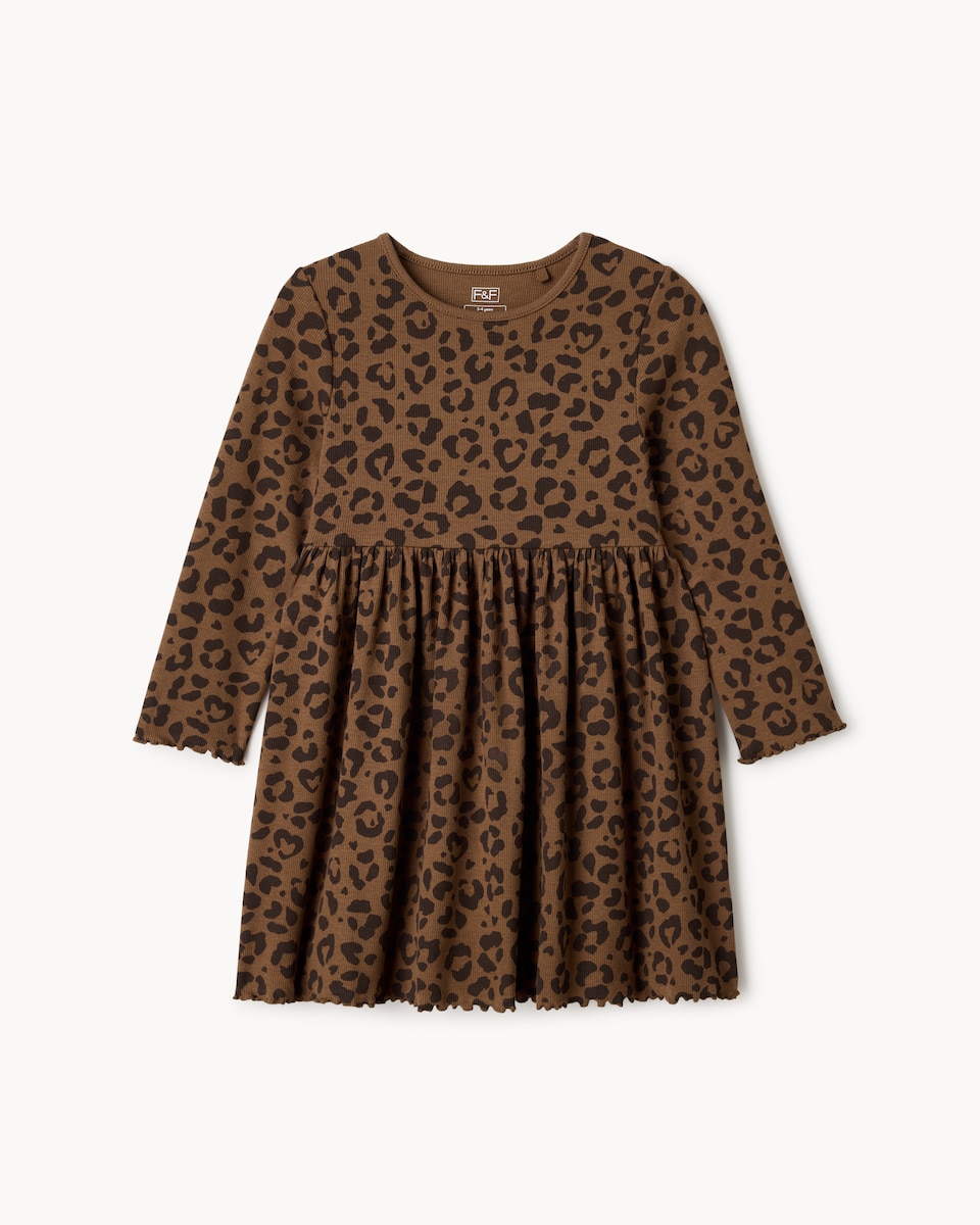 image 1 of F&F Girls Cotton Rich Ribbed Leopard Print Dress in Multi Brown