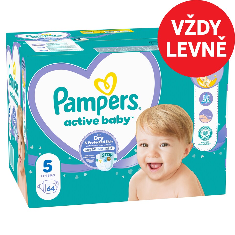 Obrázek 1 pro produkt Pampers Active Baby, Velikost 5, 64 Plenky, 11kg-16kg