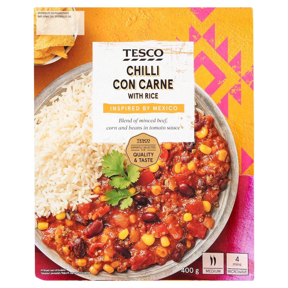 Tesco Rajčatová omáčka s mletým hovězím masem chilli con carne s vařenou rýží 400g