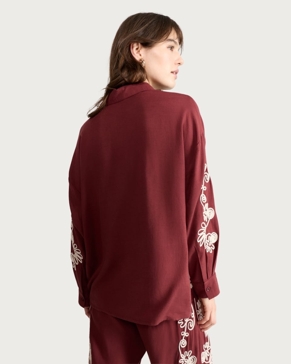 image 1 of The F&F Edit Embroidered Button Up Co-ord Shirt in Burgundy