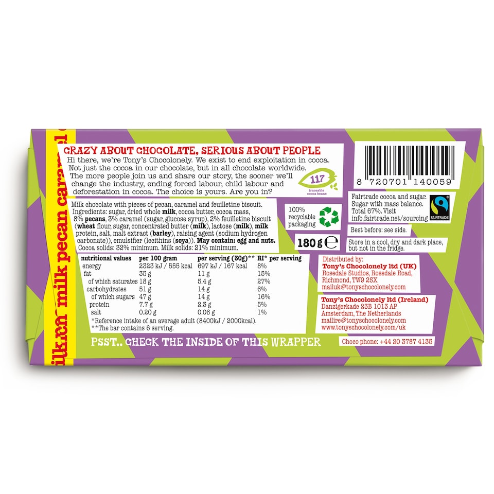 image 1 of Tonys Chocolonely Milk Pecan Caramel Crunch 180g