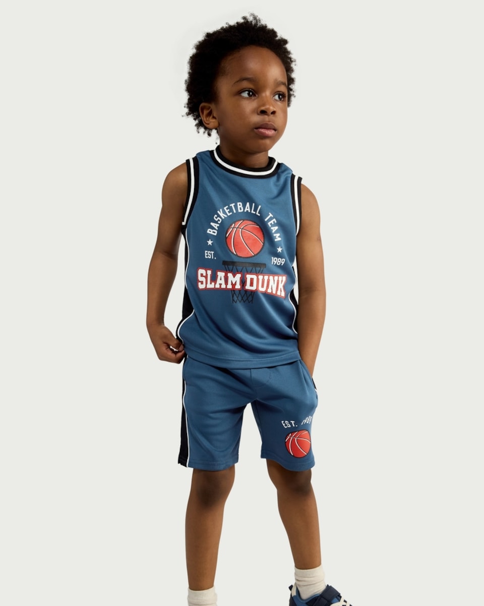 image 1 of F&F Boys 2-Piece Basketball Slam Dunk Vest and Shorts Set in Blue