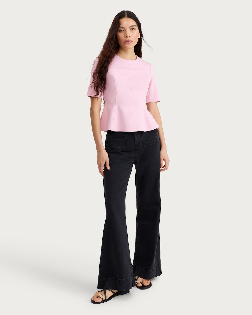 image 1 of F&F Ponte Seam Peplum Hem Top in Pink