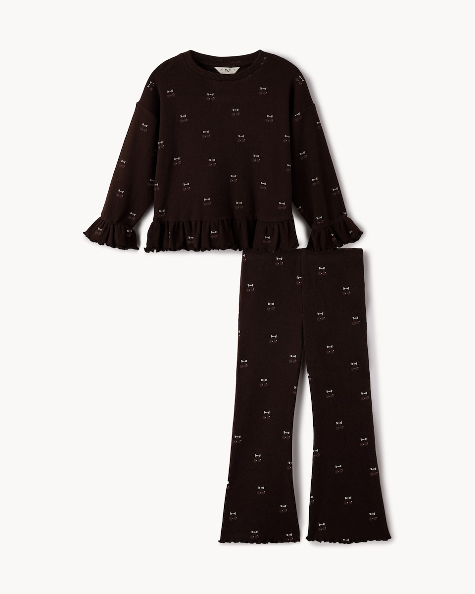 image 1 of F&F Girls Brushed Cherry Top and Flared Leggings Set in Brown