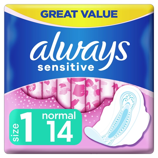 Always Sensitive Normal Size 1 Sanitary Towels With Wings 14 Pack