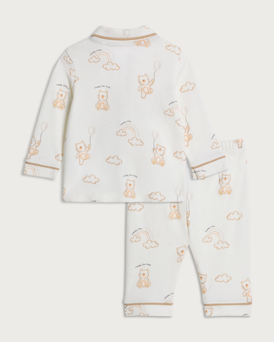 image 1 of F&F Baby 2-Piece Pure Cotton Teddy Bear Print Pyjama Set in White