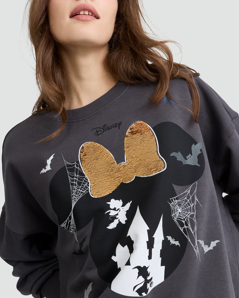 image 1 of Disney Minnie Mouse Halloween Print Cotton Rich Sweatshirt in Grey