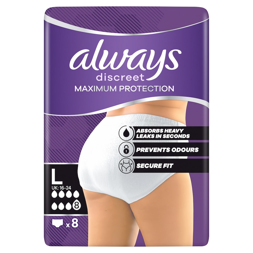 image 1 of Always Discreet Maximum Protection Incontinence Pants L UK16-24 8 Pack
