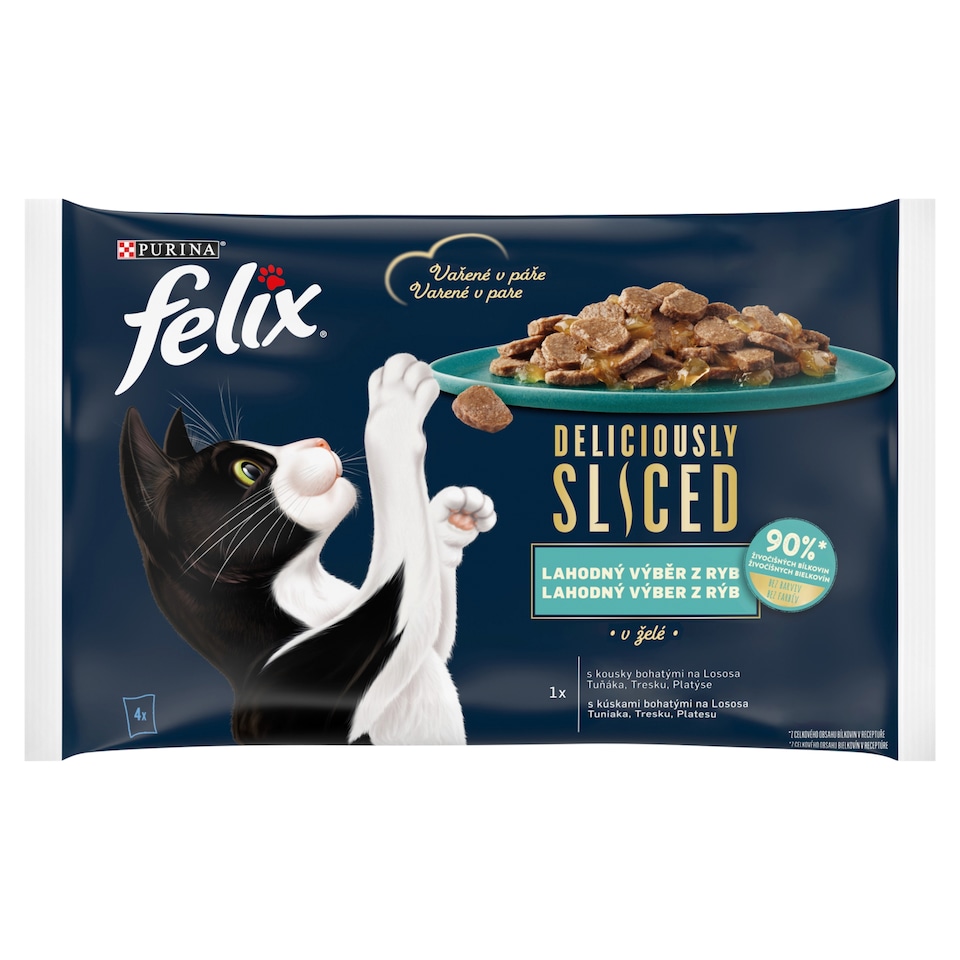 Obrázek 1 pro produkt Felix Deliciously Sliced kapsičky pro kočky losos, tuňák, treska, platýs v želé 4 x 80g