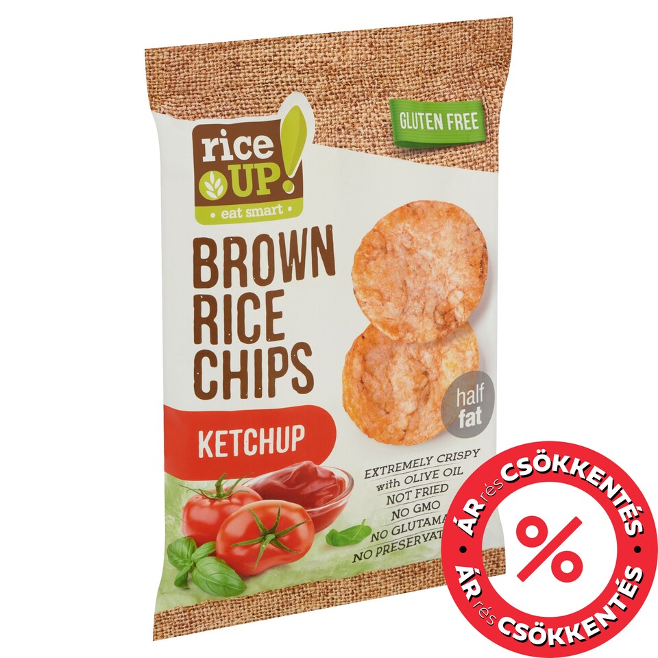 RiceUp! Eat Smart teljes kiőrlésű barna rizs chips ketchup ízesítéssel 60 g