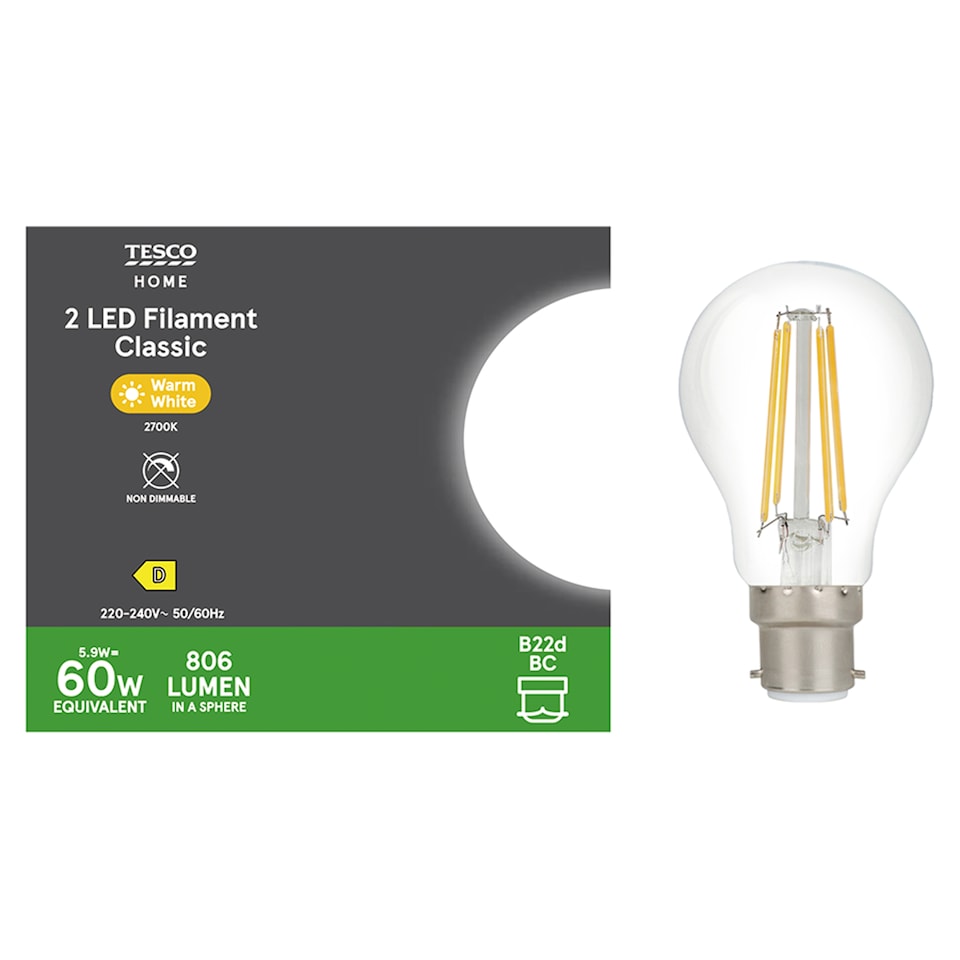 Tesco Led Filament Classic 60W Bc 2 Pack