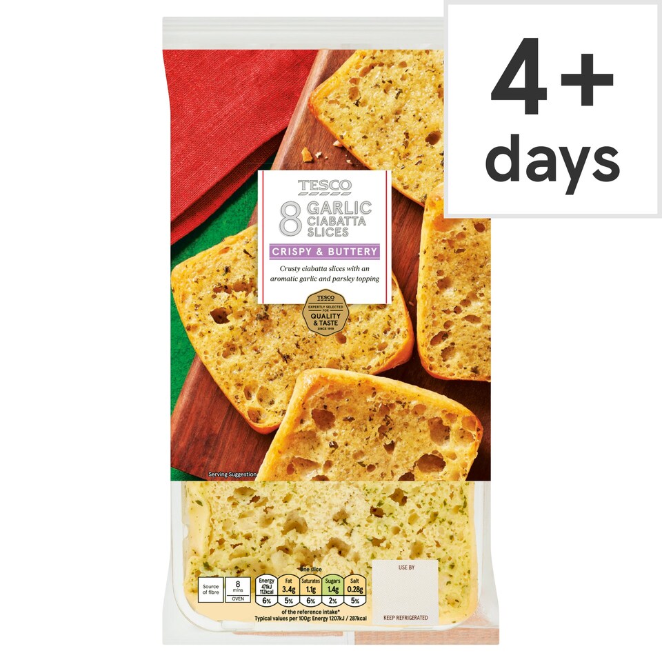 Tesco Garlic Ciabatta Slice 8 Pack, 360 G Tesco Groceries