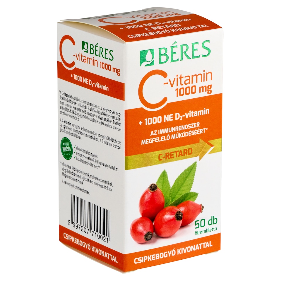 Béres C-Retard C-vitamin 1000 mg+1000 NE D₃-vitamin filmtabletta csipkebogyó kivonattal 50 x 1,38 g  1. kép