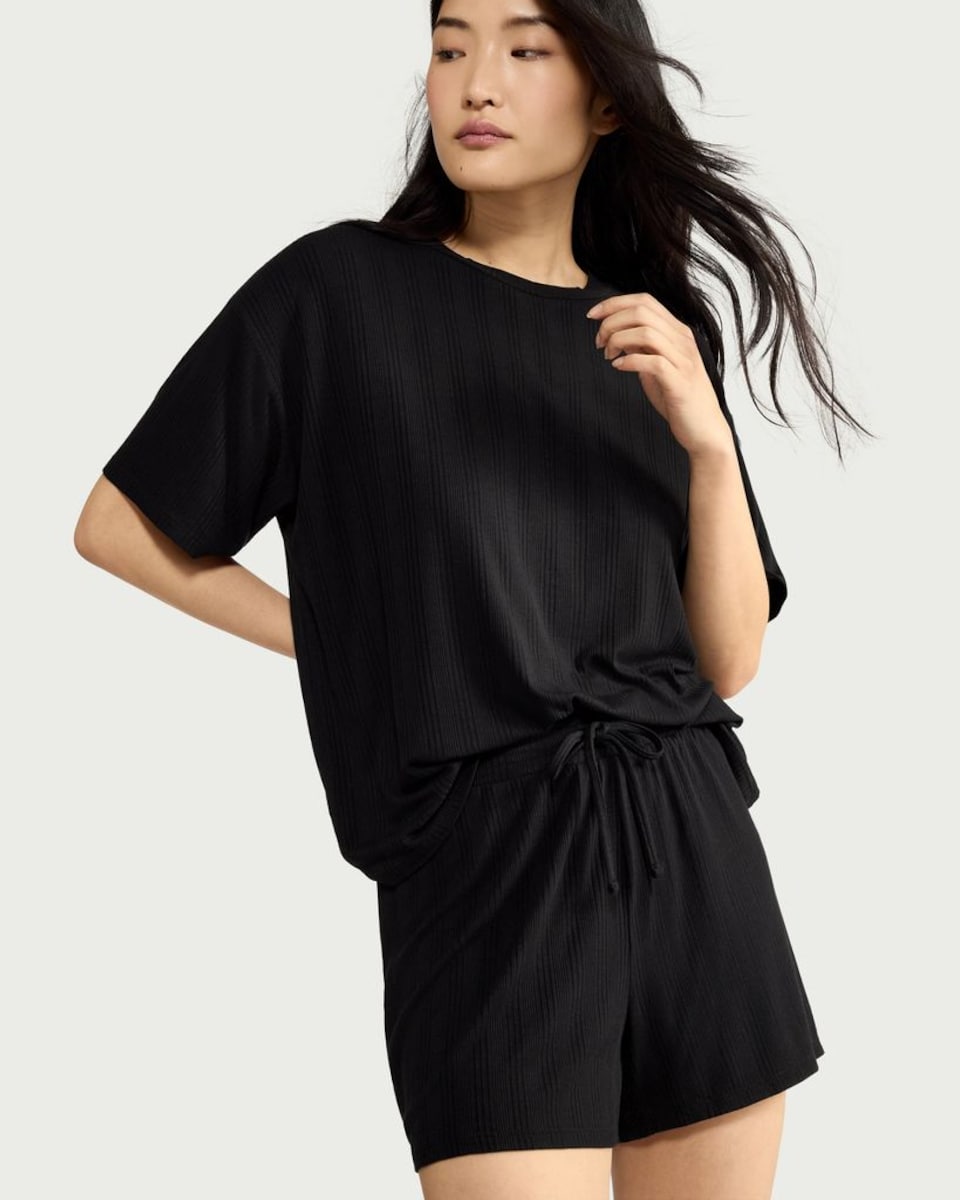 image 1 of F&F Ribbed Short Pyjama Set in Black