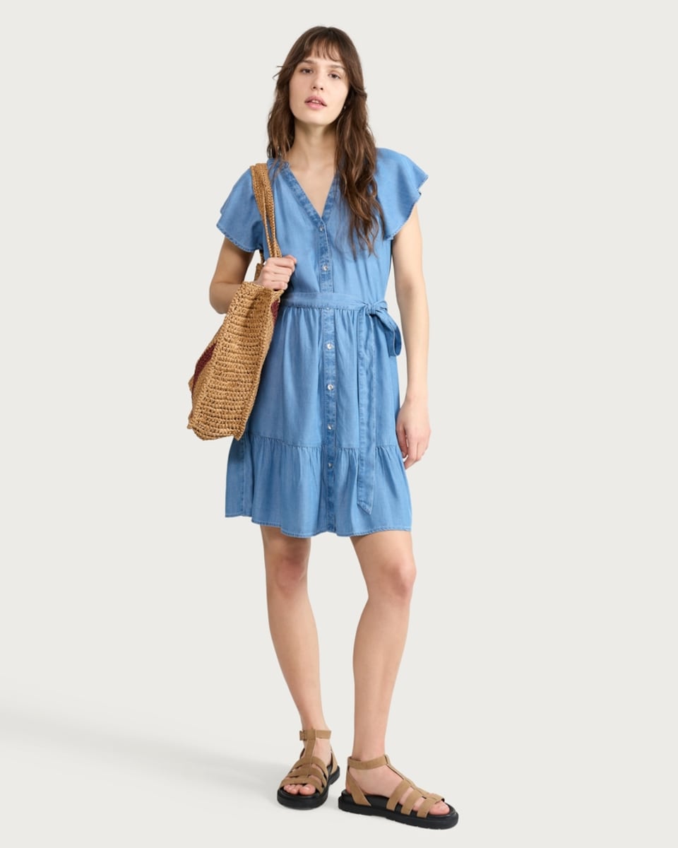 image 1 of F&F Pure Lyocell Button Front Tie Waist Mini Dress in Blue
