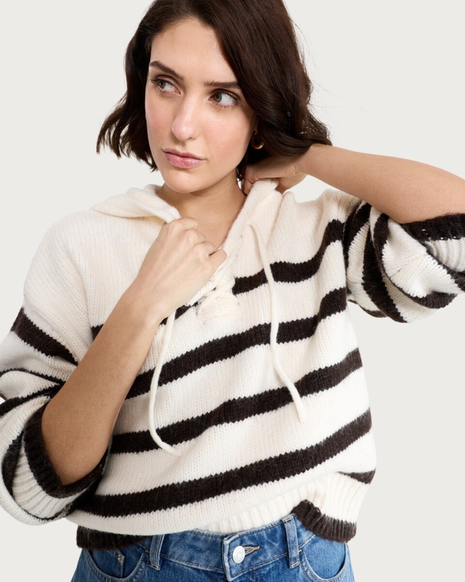 image 1 of F&F Striped Tie V Neck Hoodie in Multi