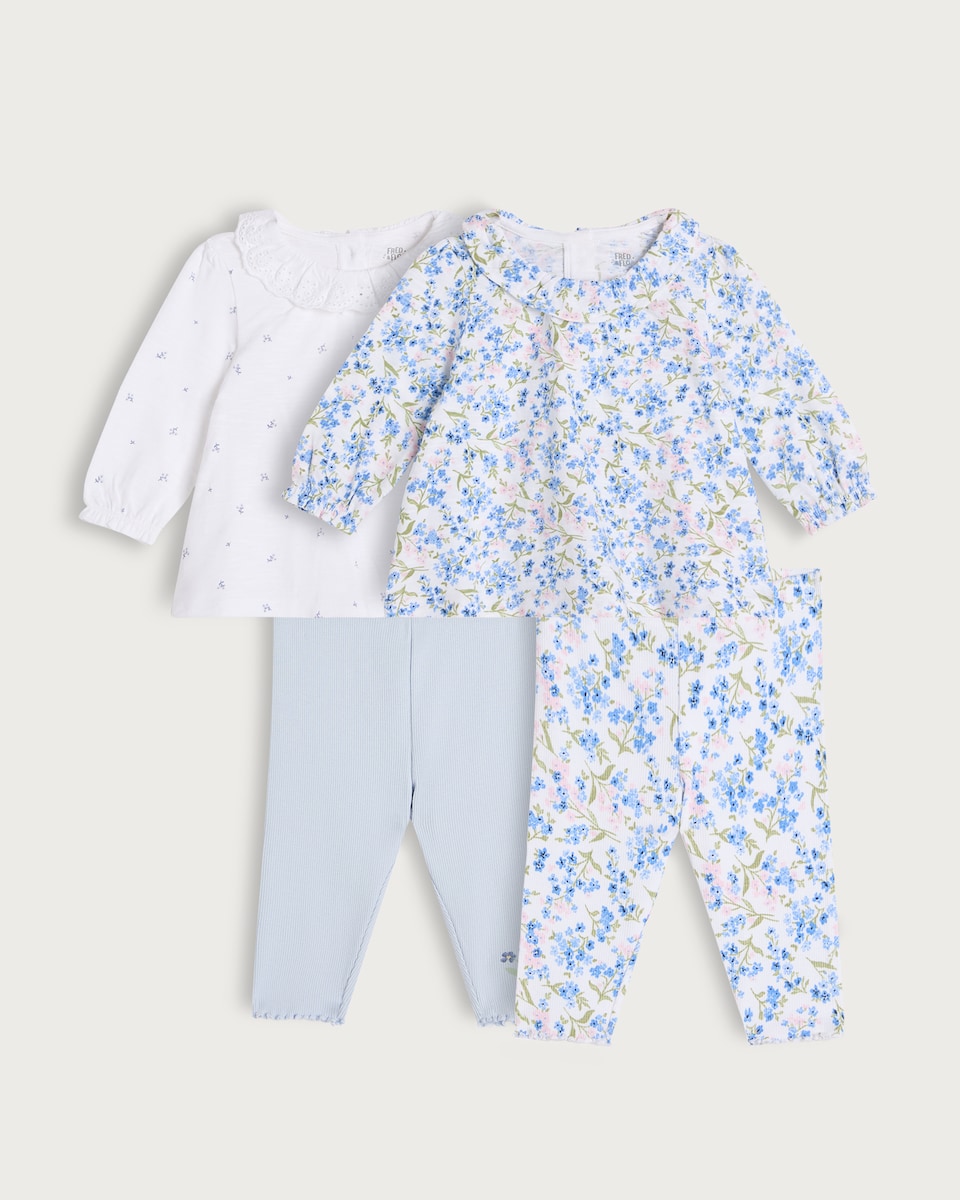 image 1 of F&F Baby 4-Piece Pure Cotton Floral Print Top and Legging Sets in Blue
