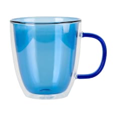 Double Walled Blue Coloured Glass Mug With Handle