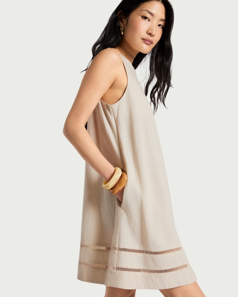 F&F Ladder Trim Hem Sleeveless Dress with Linen in Cream