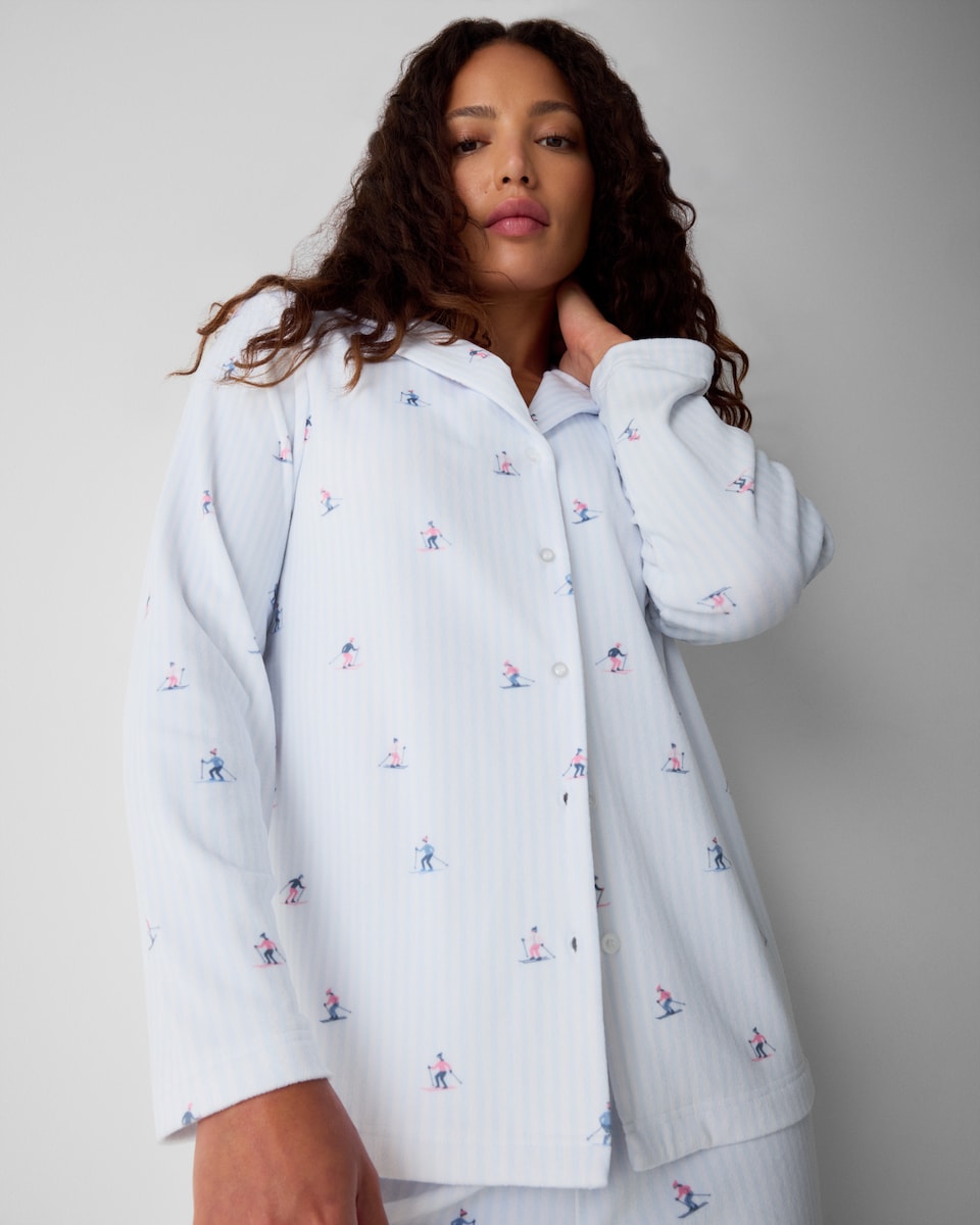 image 1 of F&F Fleece Ski Print Revere Pyjama Set in Blue