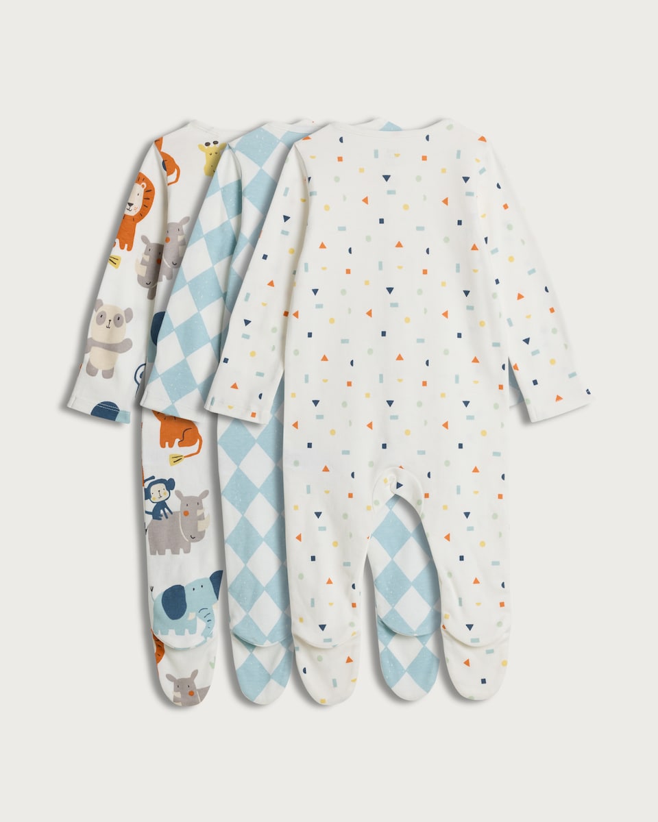 image 1 of F&F Baby 3-Pack Pure Cotton Long Sleeved Sleepsuits in Blue