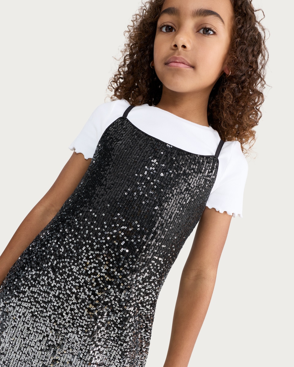 image 1 of F&F Girls Sequin Dress and Cotton Rich T-Shirt Set in Silver