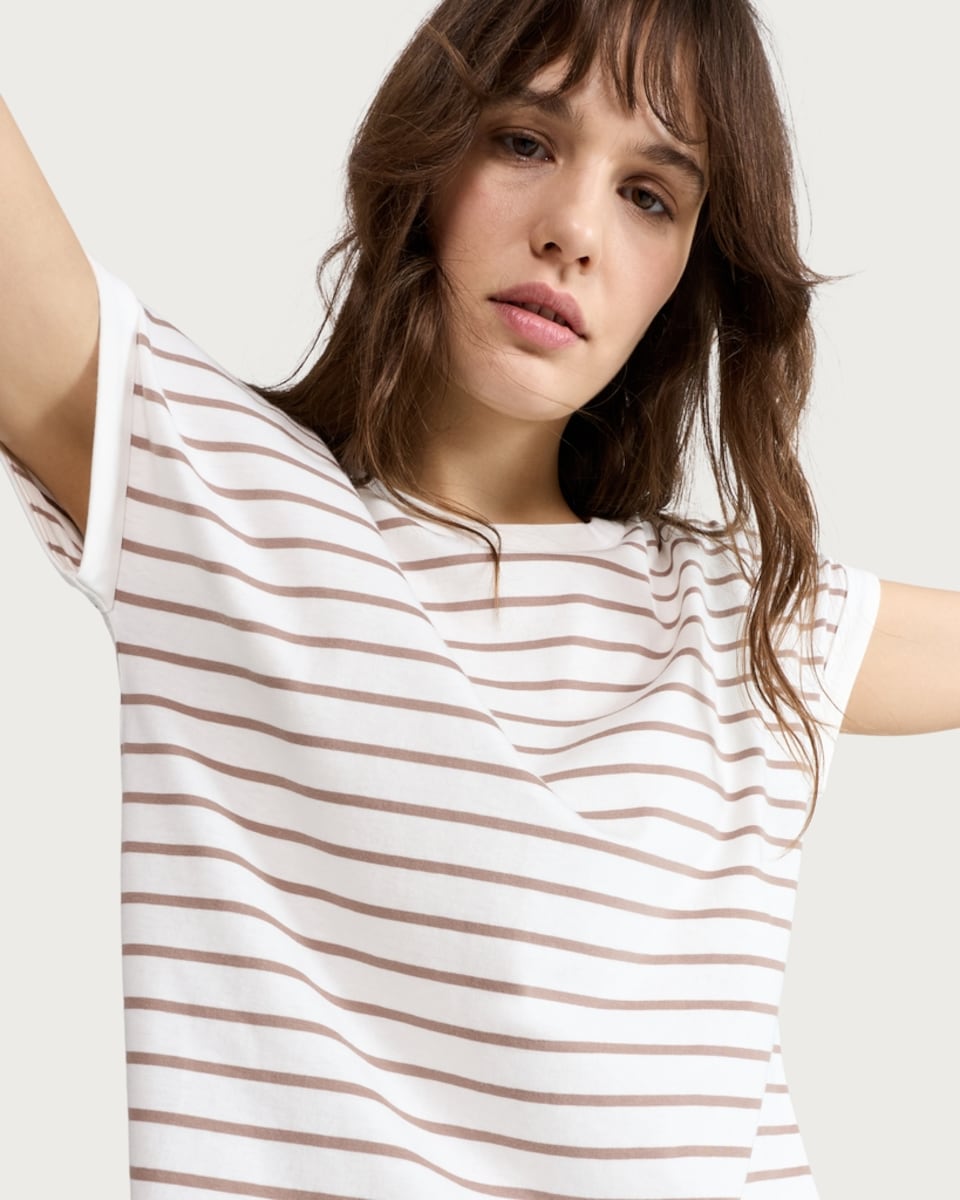 image 1 of F&F Pure Cotton Striped T-Shirt in Multi Brown