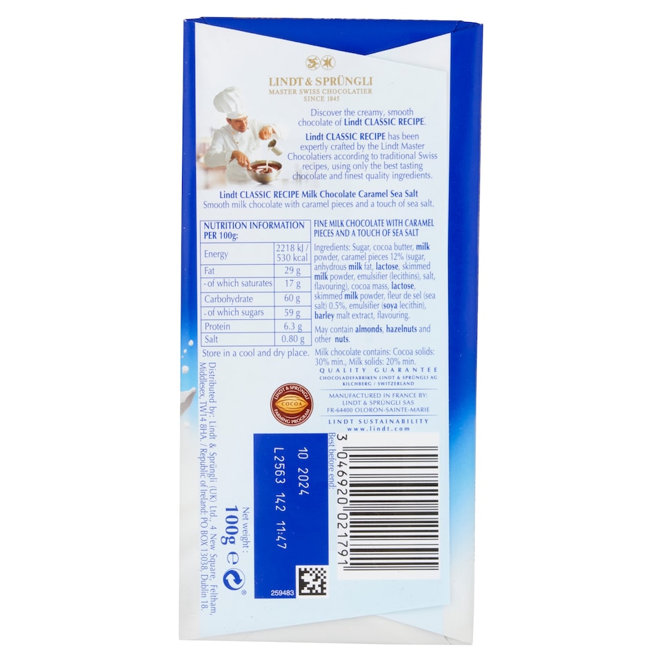 image 1 of Lindt Classic Recipe Milk Chocolate Bar - Caramel Sea Salt 100g
