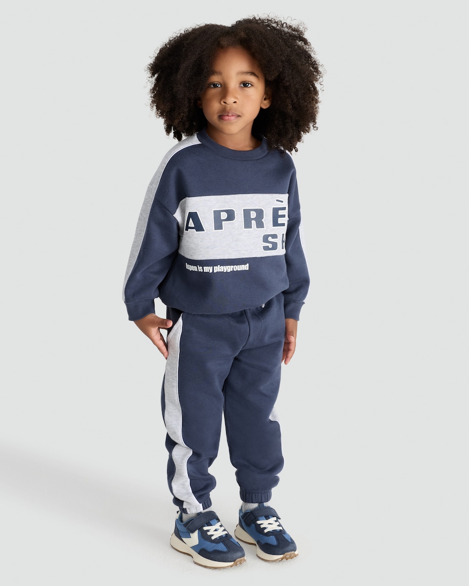 image 1 of F&F Boys 2-Piece Cotton Rich Colour Block Après Ski Sweatshirt and Joggers Set in Navy