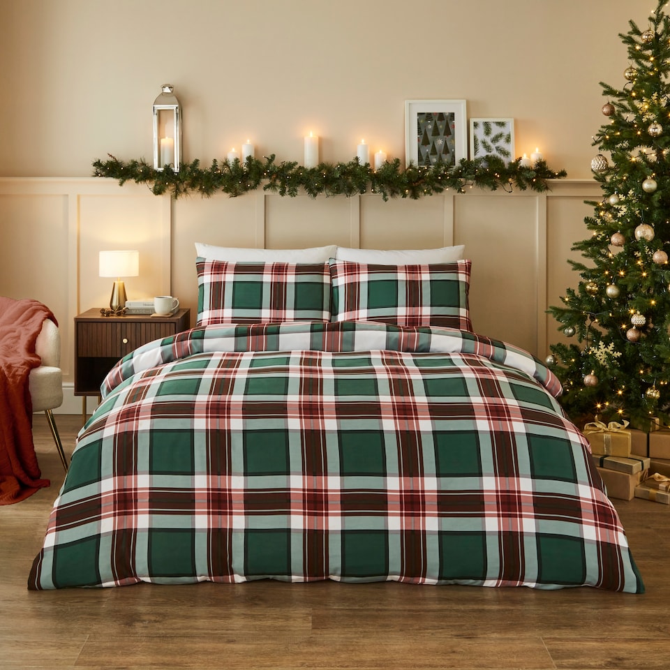 image 1 of Silentnight Brushed Green Tartan Duvet Set Double
