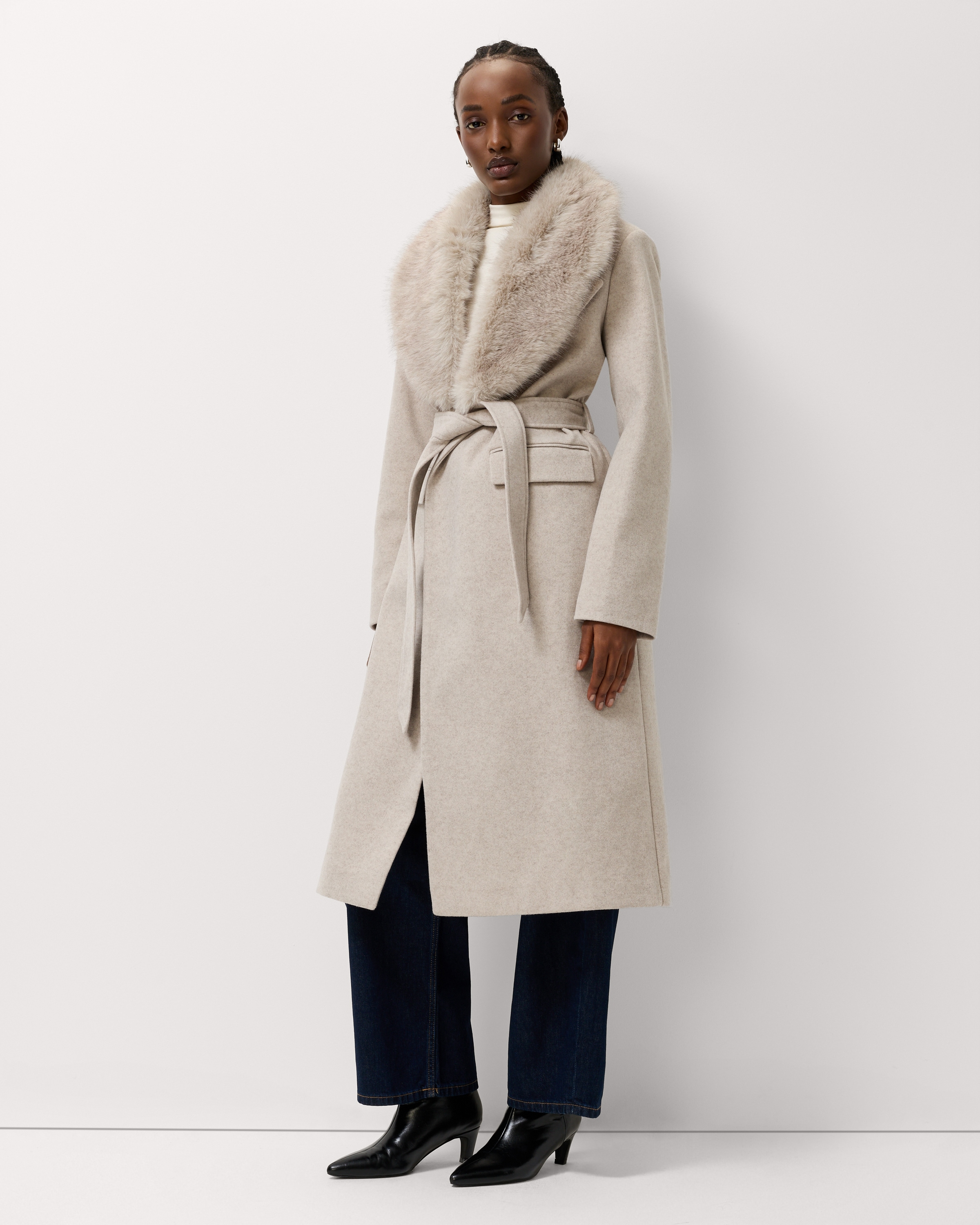 F&F Faux Fur Collared Belted Coat in Cream, XL, Womens
