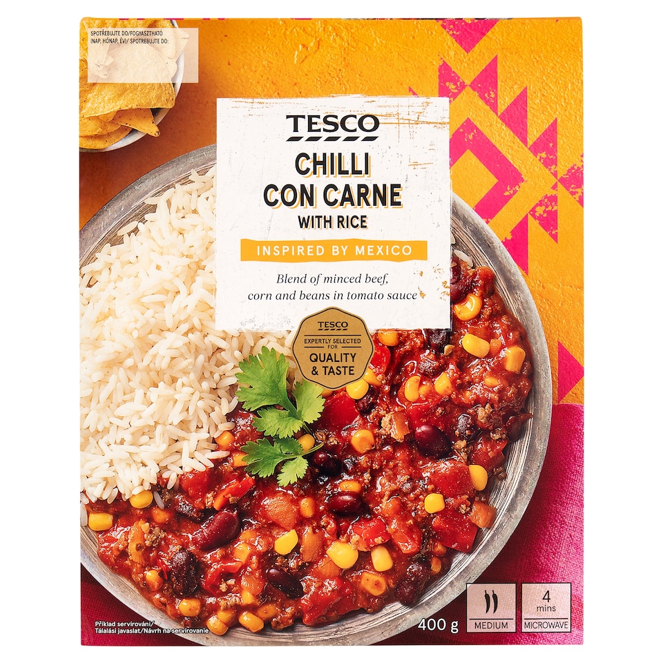 Tesco Rajčatová omáčka s mletým hovězím masem chilli con carne s vařenou rýží 400g