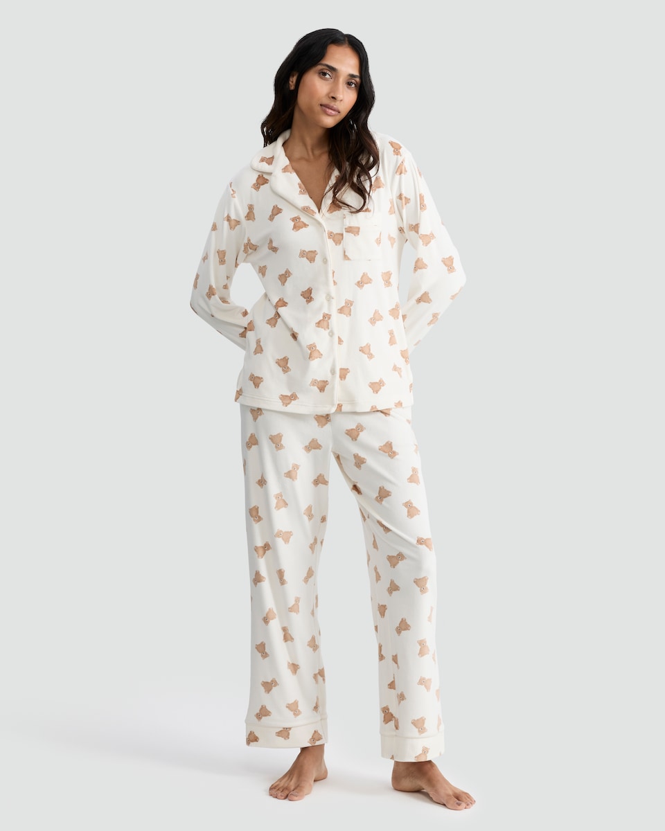 image 1 of F&F Fleece Teddy Bear Print Revere Pyjama Set in Cream