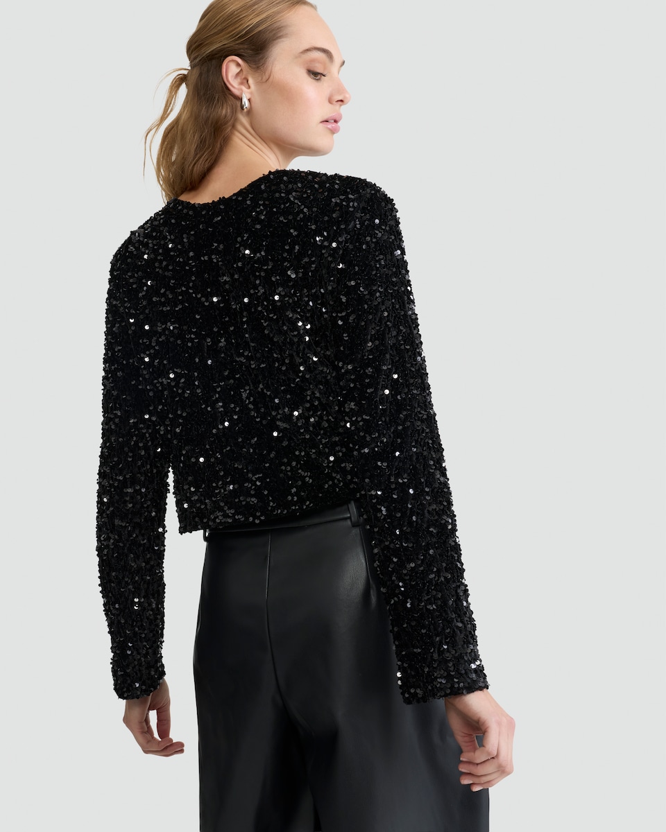 image 1 of F&F Faux Velvet Sequin Embellished Bow Jacket in Black