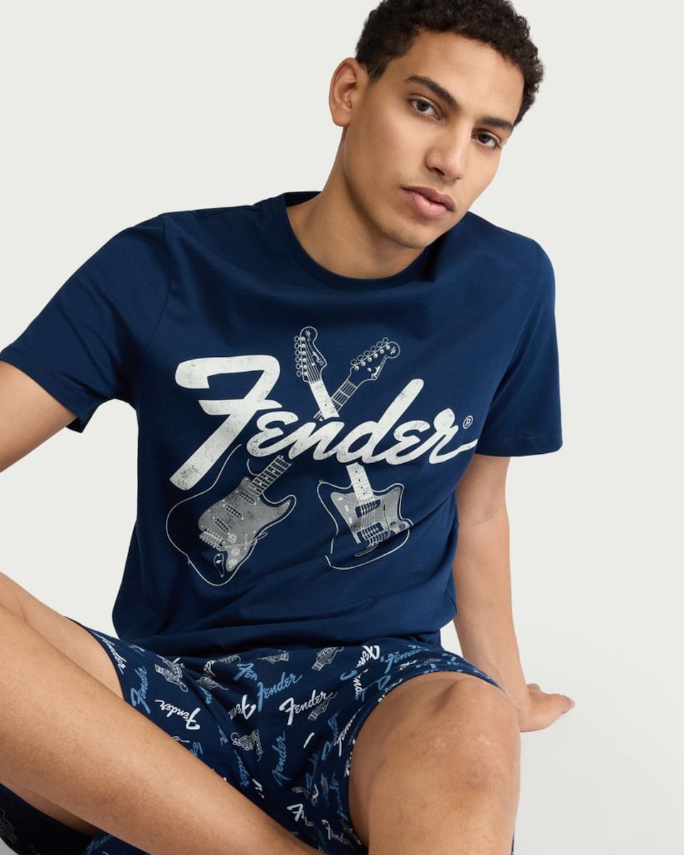 image 1 of Fender Pure Cotton Guitar Print Shorts Pyjama Set in Navy
