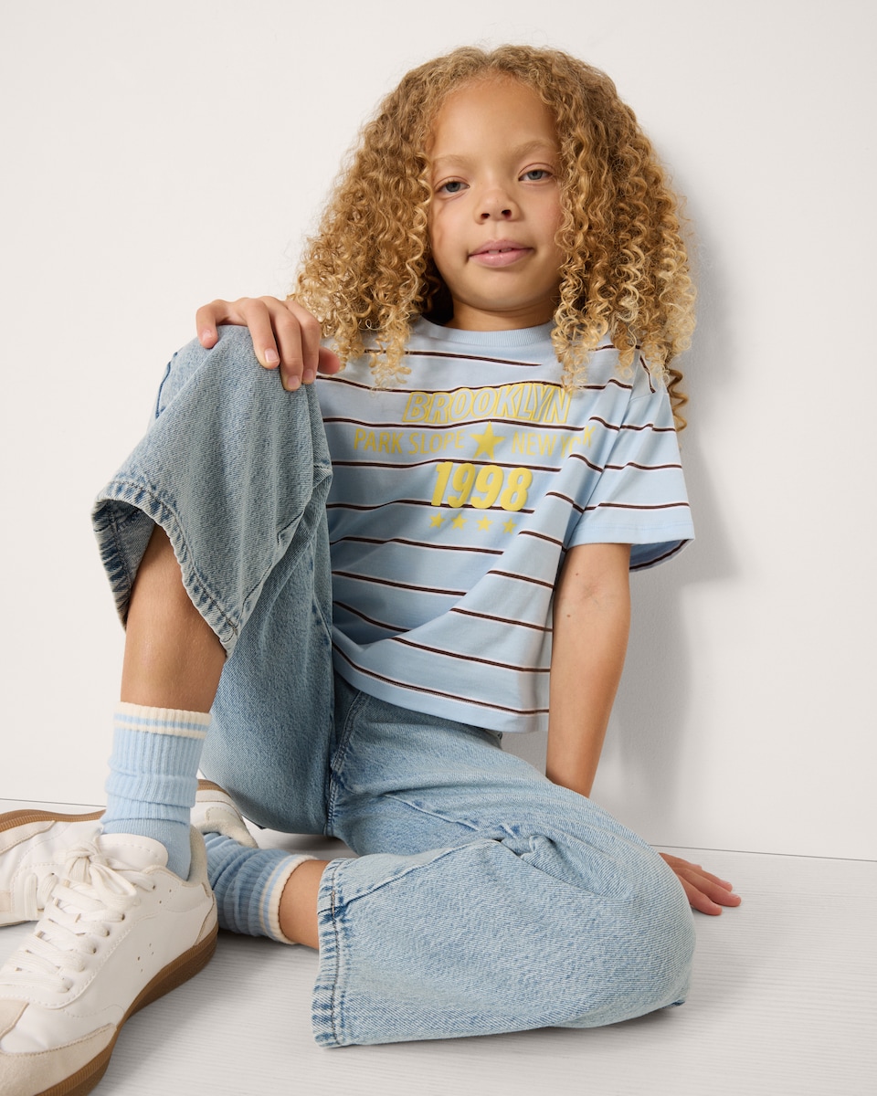 image 1 of F&F Girls Pure Cotton Striped Slogan T-Shirt in Blue