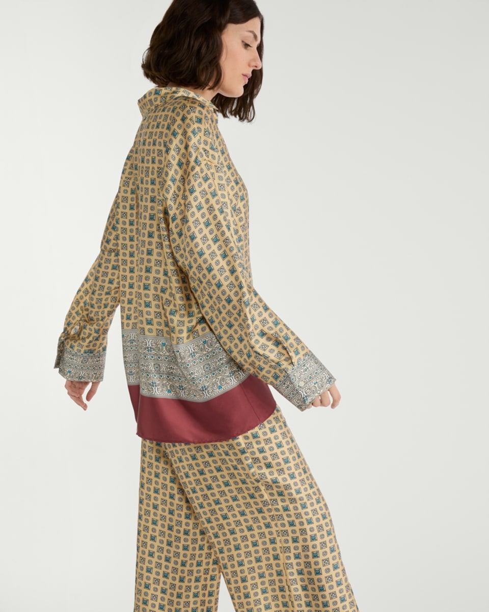 image 1 of F&F Satin Geometric Print Long Sleeved Co-ord Shirt in Multi