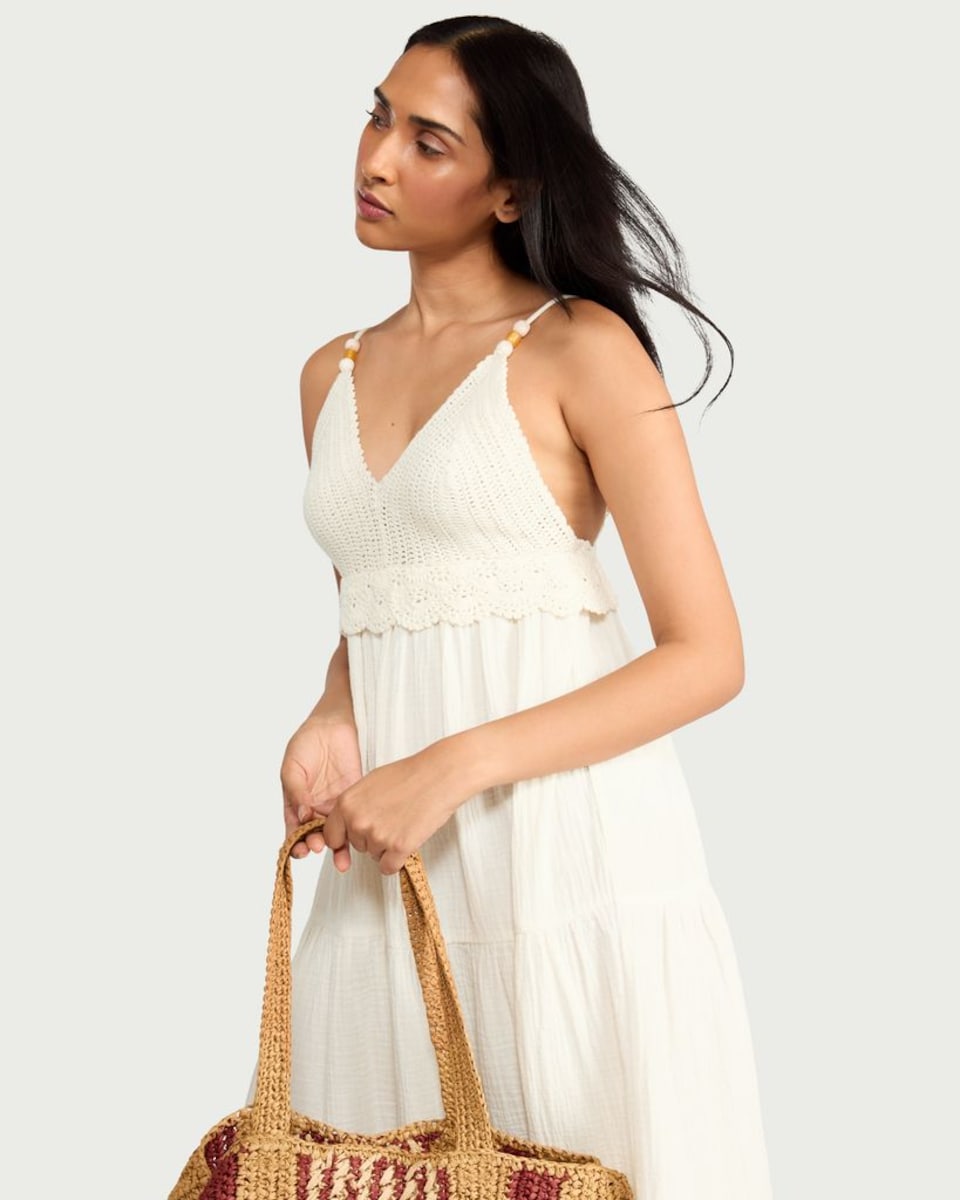 image 1 of F&F Pure Cotton Tiered Beach Dress in Cream