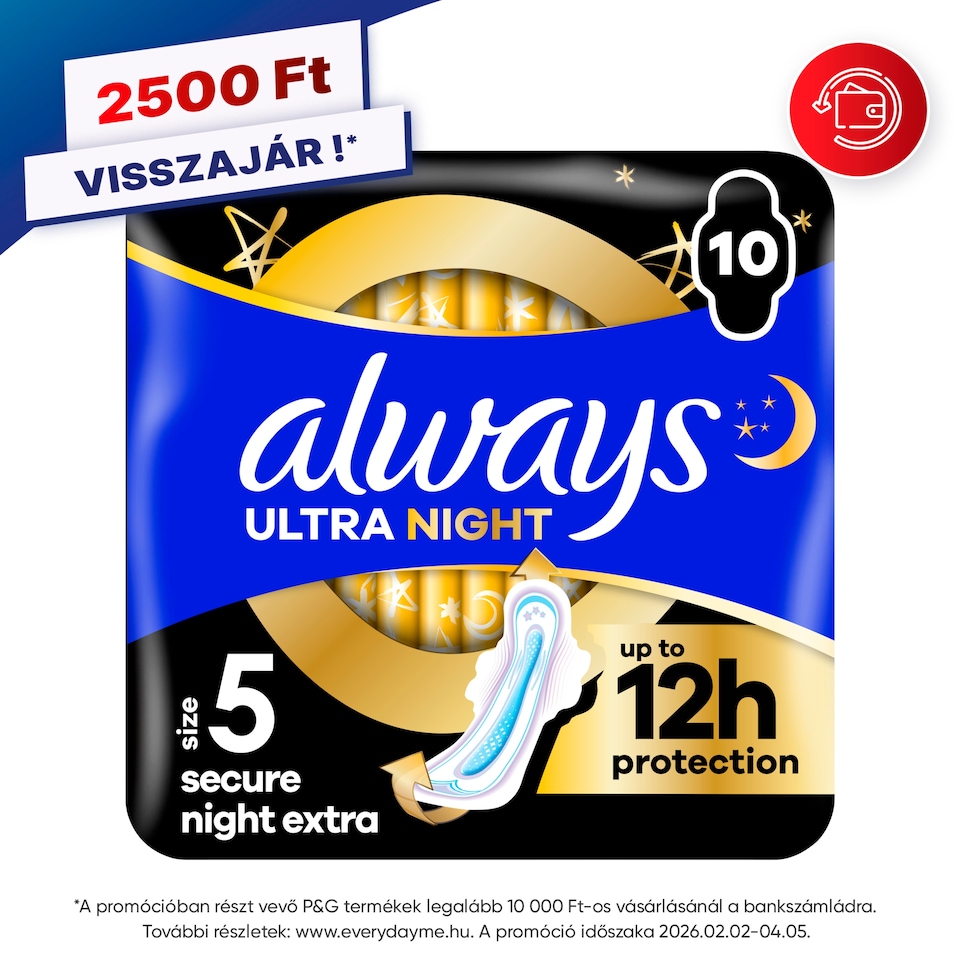 Always Ultra Secure Night Extra Egészségügyi Betét (5-ös Méret) Szárnyas Betét x 10]  1. kép