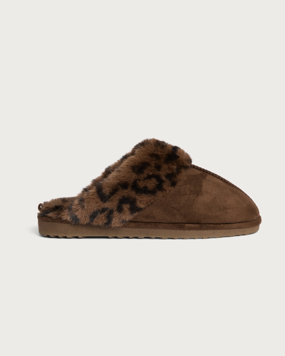 image 1 of F&F Leopard Print Faux Fur Trim Mule Slippers in Brown
