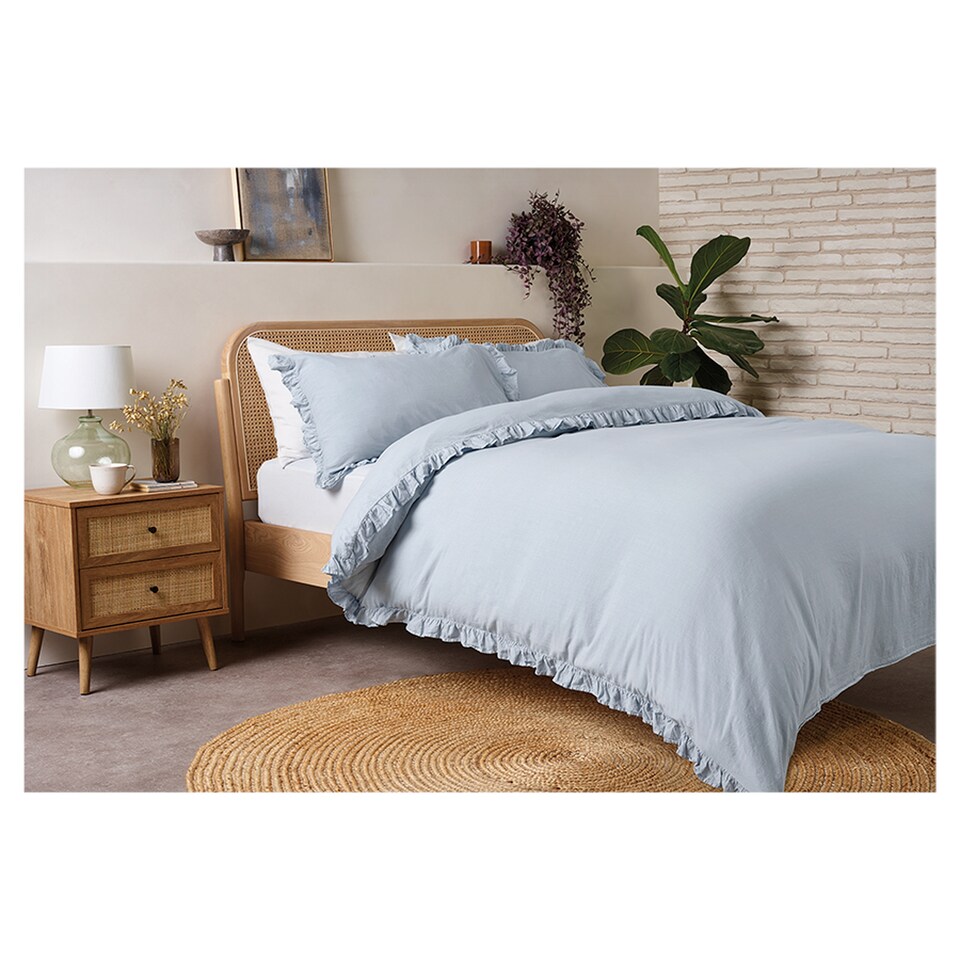 F&F Home Washed Cotton Blue Duvet Set Double